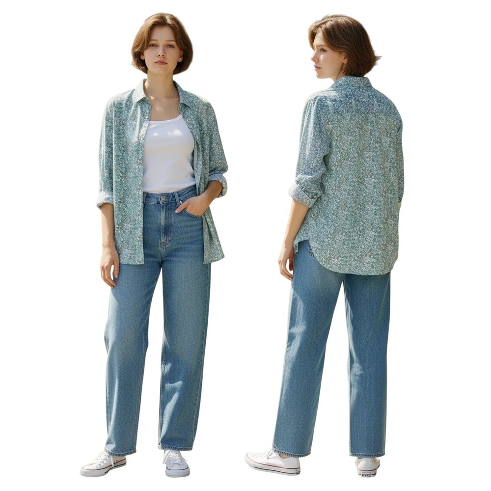 J. Jill Floral Button Down Shirt Womens‎ Large Blue Green Two Tone Cotton Blouse